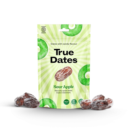 Zestaw smaków: 1x True Dates Sour Apple 100g, 1x True Dates Cinnamon Roll 100g i 1x True Dates Sweet Peach 100g
