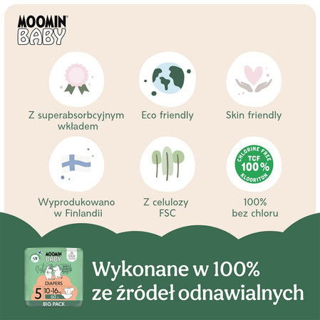 MOOMIN Baby, Pieluszki 5 MAXI (10-16kg), 60 szt. EKO BIG PACK