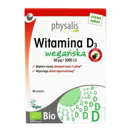 Physalis Witamina D3 Vegan BIO 2000 IU – naturalne wsparcie odporności i kości 80 tabl. vege