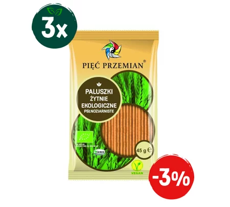 Zestaw: 3x Pięć Przemian − Paluszki żytnie pełnoziarniste Bio − 45 g