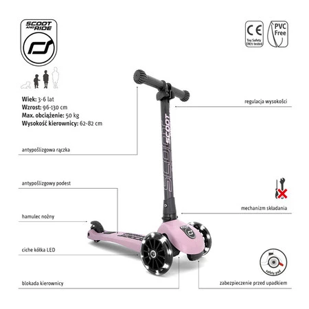 SCOOTANDRIDE Highwaykick 3 LED Hulajnoga składana ze świecącymi kółkami 3+ Rose