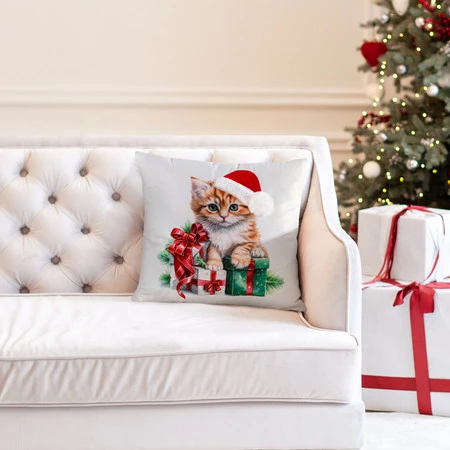 Poszewka świąteczna 45x45 cm – welwetowa ze świątecznym nadrukiem kota