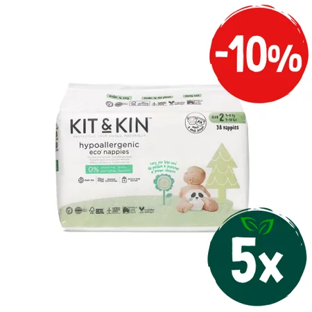 Zestaw: 5x Kit and Kin, Biodegradowalne Pieluszki Jednorazowe 2 Midi (4-8kg), Myszka/Panda, 38 szt.