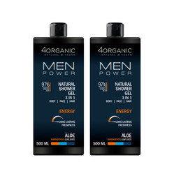 Zestaw: 2x 4Organic Naturalny żel pod prysznic Men Power3w1 Energy  500ml