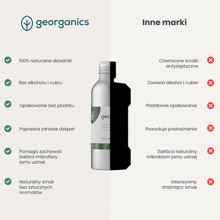 Georganics, Olej do płukania jamy ustnej, z naturalnym składem, do codziennej pielęgnacji, smak drzewa herbacianego, 100 ml