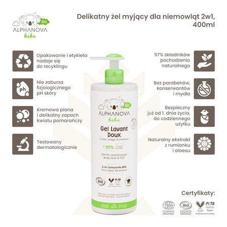 Alphanova Bebe Bio, Delikatny żel myjący dla niemowląt 2 w 1, 400ml