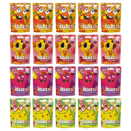 Zestaw mix smaków BeRAW! Kids Żelki: 5szt. Mango Marakuja 35g, 5 szt. Truskawka 35g, 5szt. Malina z chrupkami 35g, 5szt. Banan z chrupkami 35g