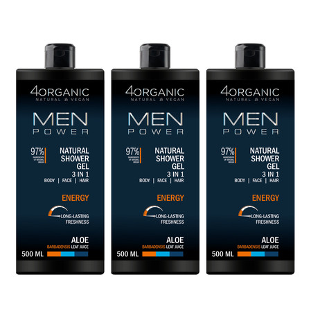 Zestaw: 3x 4Organic Naturalny żel pod prysznic Men Power3w1 Energy 500ml