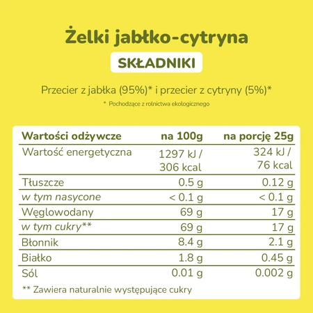 Smileat Triboo, BIO Sminolas, Żelki owocowe bez cukru Jabłko i Cytryna, 25g
