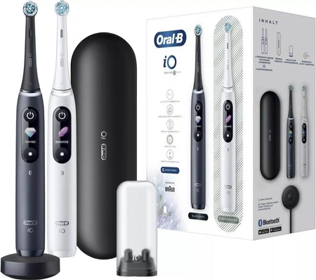 ORAL-B BRAUN SZCZOTECZKA ELEKTRYCZNA iO SERIES 8 DUO BLACK/WHITE iOM8d.2h2.2Bd (6 programów, 2rączki, 2 końcówki, 1 etui, 1 poj.końc 1 ładowarka)