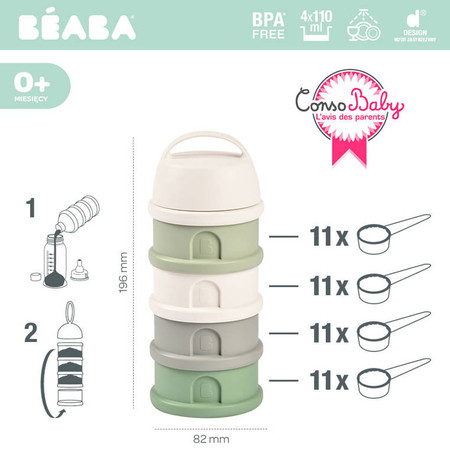 BEABA Pojemniki na mleko w proszku 4 komory cotton white/sage green