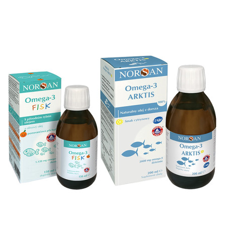 Zestaw Norsan: 1x Omega-3 ARKTIS naturalny olej z dorsza kwasy EPA i DHA 200 ml smak cytrynowy i 1x Omega-3 Fisk dla dzieci 150 ml smak pomarańcza