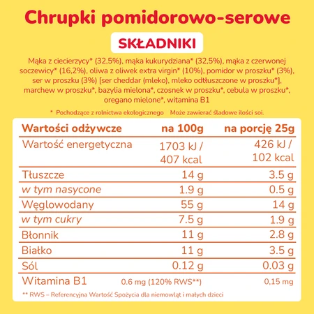 Smileat, BIO Smilondas, Chrupki z ciecierzycy, kukurydzy i soczewicy, pomidorowo-serowe 15m+, 25 g