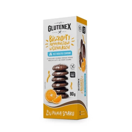 BISZKOPTY POMARAŃCZOWE W CZEKOLADZIE BEZ DODATKU CUKRÓW BEZGLUTENOWE 80 g - GLUTENEX