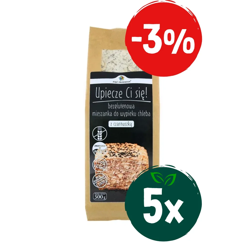 Zestaw: 5x Pięć Przemian - Bezglutenowa mieszanka do wypieku chleba z czarnuszką - 500 g - Nabea.pl