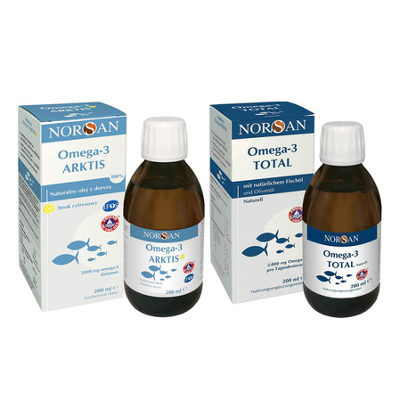 Zestaw Norsan: 1x Omega-3 ARKTIS naturalny olej z dorsza kwasy EPA i DHA 200 ml smak cytrynowy i 1x Omega-3 TOTAL olej rybny kwasy tłuszczowe 200 ml smak naturalny