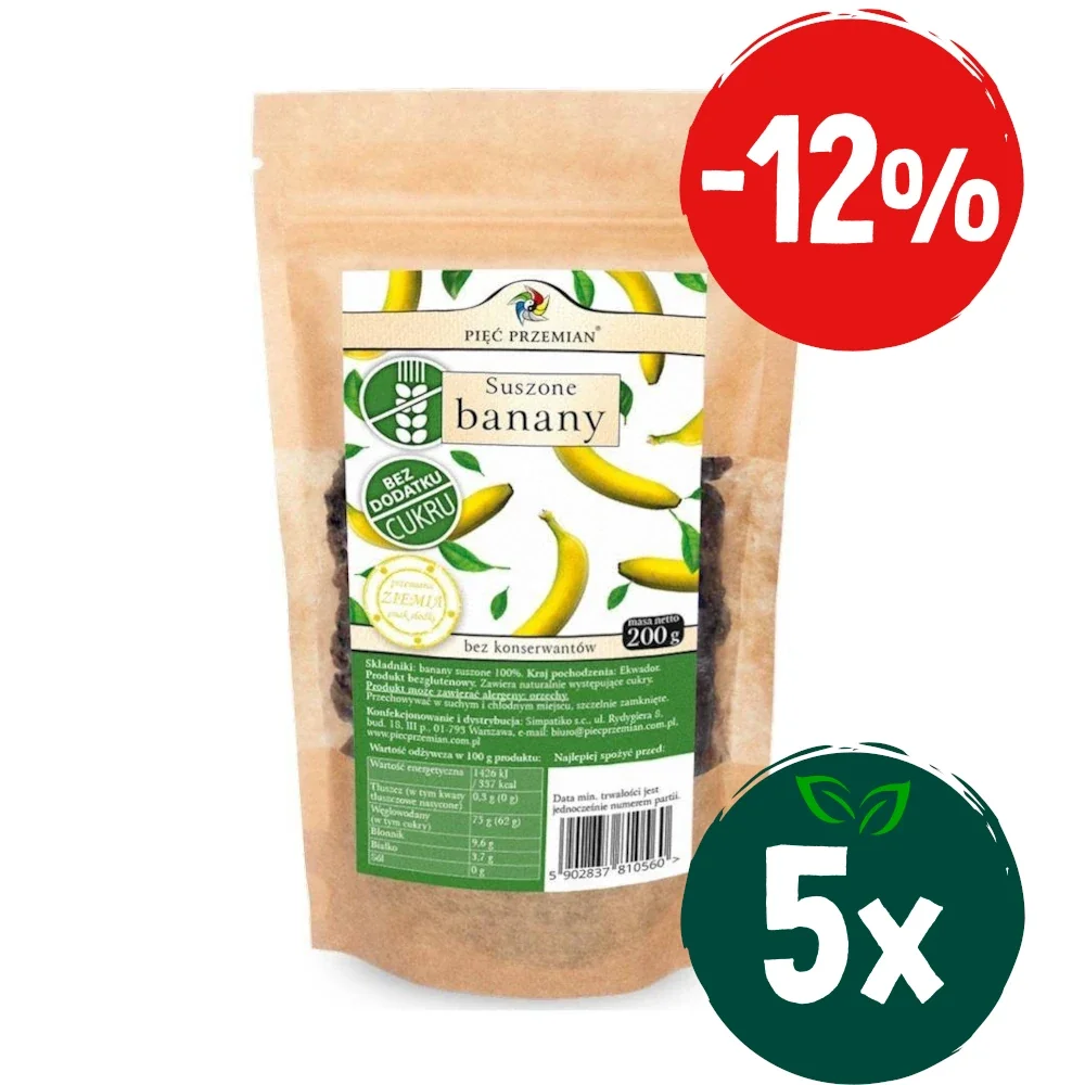 Zestaw: 5x Pięć Przemian − Banany suszone bez cukru − 200 g - Nabea.pl