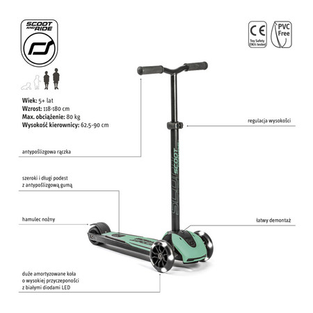 SCOOTANDRIDE Highwaykick 5 LED Hulajnoga trójkołowa balansowa ze świecącymi kółkami 5+ Forest