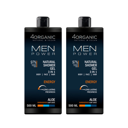 Zestaw: 2x 4Organic Naturalny żel pod prysznic Men Power3w1 Energy 500ml