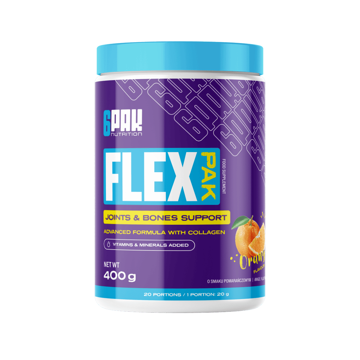 6PAK FLEX PAK na wsparcie stawów 400g smak pomarańcza - Nabea.pl