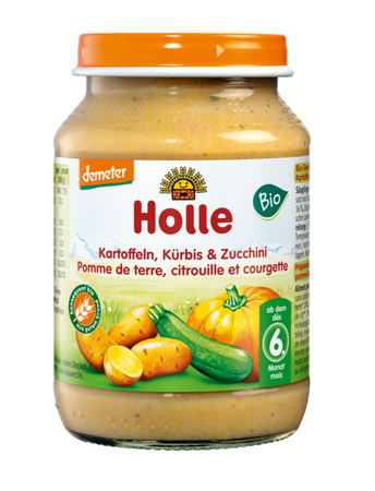 Holle Obiadek Dynia-Cukinia-Ziemniak Bezglutenowy, Bez dodatku cukrów, od 6 miesiąca, Demeter Bio, Słoik 190g