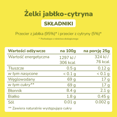 Smileat Triboo, BIO Sminolas, Żelki owocowe bez cukru Jabłko i Cytryna, 25g