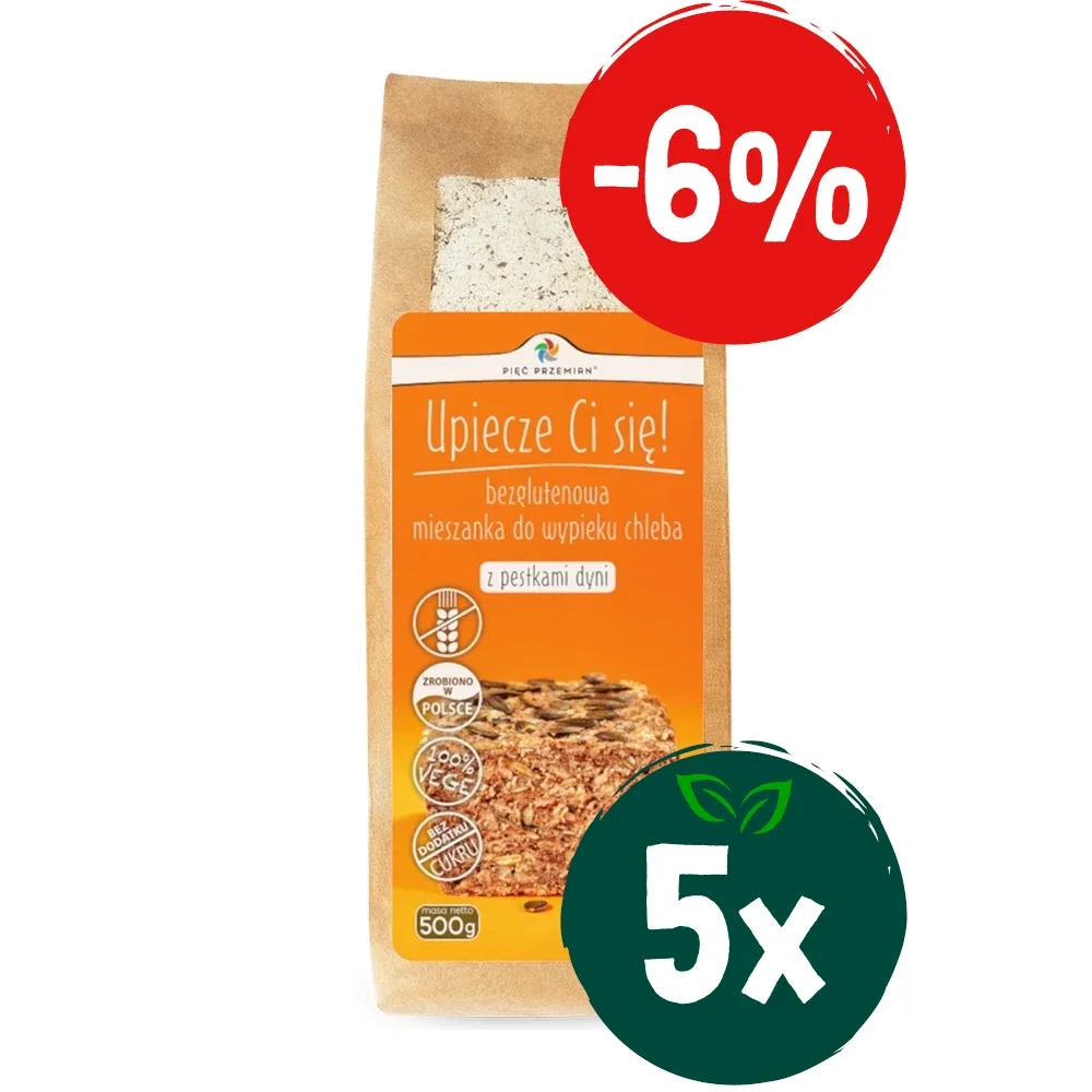 Zestaw: 5x Pięć Przemian - Bezglutenowa mieszanka do wypieku chleba z pestkami dyni - 500 g - Nabea.pl