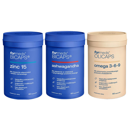 Zestaw mix Formeds: 1x Bicaps Zinc 15 Cynk 60 kaps., 1x Bicaps Ashwagandha 60 kaps. wege i 1x Olicaps Omega 3-6-9 - 60 kaps.