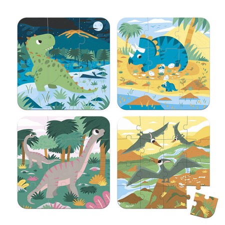 Janod Puzzle progresywne w walizce Dinozaury 4 układanki – 6, 9, 12 i 16 elementów 2+, Made in France (stary indeks: J02657)
