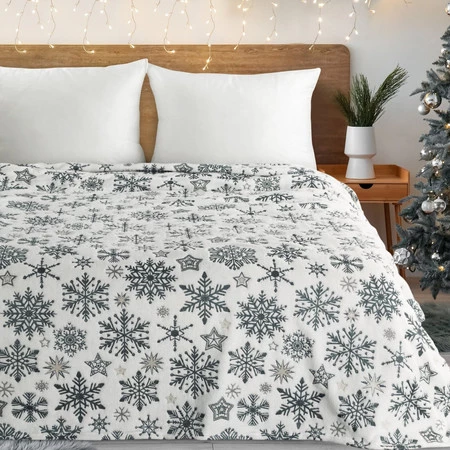 Koc świąteczny 150X200 biały, śnieżynki