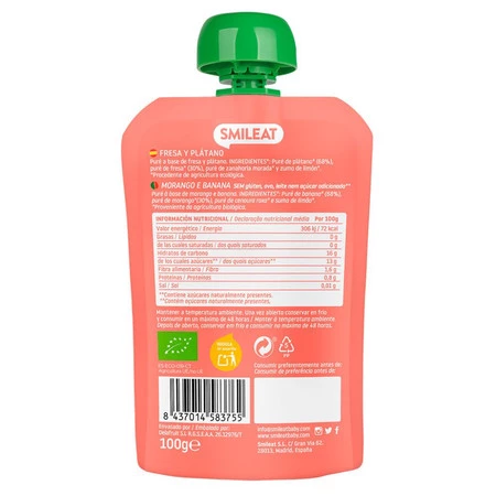 Smileat, BIO Mus z ekologicznymi truskawkami i bananem, 100g