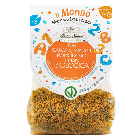 Pasta Natura Makaron kukurydziany trójkolorowy dla dzieci literki i cyferki bezglutenowy BIO 250 g