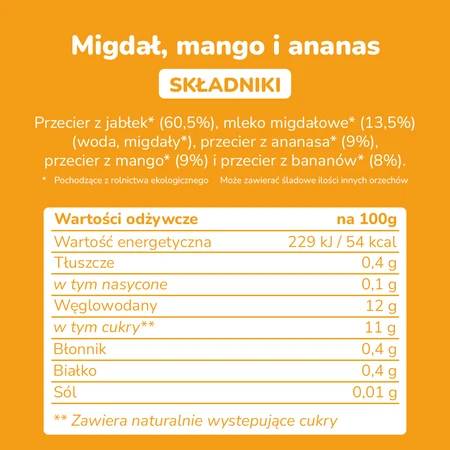 Smileat, BIO Mus z migdałami, mango i ananasem 9m+, 100g