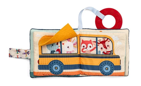 Lilliputiens Mini-książeczka wielofunkcyjna z szeleszczącą folią i gryzakiem Piesek Jules 6 m+