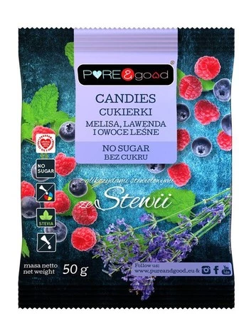 PURE&GOOD CUKIERKI Z MELISĄ, LAWENDĄ I OWOCAMI LEŚNYMI ZE STEWIĄ BEZ CUKRU 50g