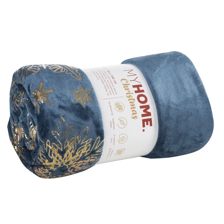 Eurofirany Koc Joy 150×200 cm, kolor: granatowo-złoty ze świątecznym wzorem