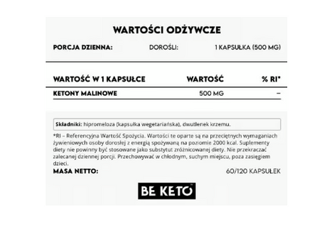BeKeto Ketony malinowe wsparcie metabolizmu i redukcji wege 60 kaps.