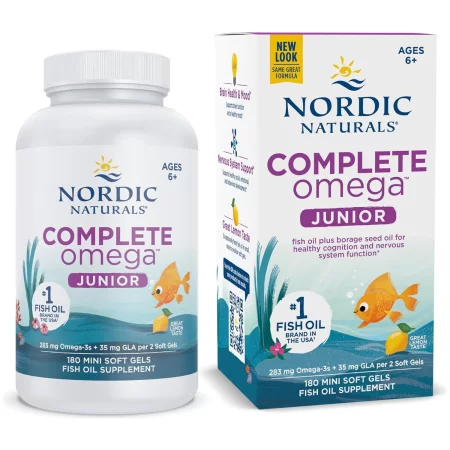 Nordic Naturals Complete Omega 3-6-9 Junior 283 mg na wsparcie pracy mózgu 180 mini kaps. smak lemon