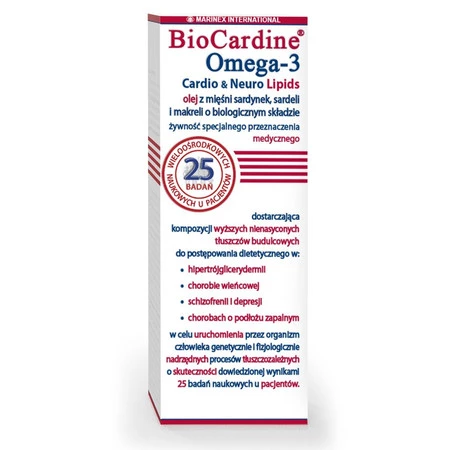 BioCardine® Omega-3 olej z mięśni sardynek sardeli i makreli  kwasy tłuszczowe PA, ETE, DPA, DHA 200 ml