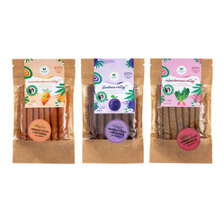Zestaw mix smaków Naturalnie zdrowi: 1x Marchewkowe rollsy naturalny 50g, 1x Śliwkowe rollsy z inuliną 50g i 1x Rabarbarowe rollsy z luteiną 50g 