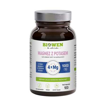 Biowen Magnez z potasem 4Xmg wsparcie dla energii, mięśni i układu nerwowego 100 kaps.