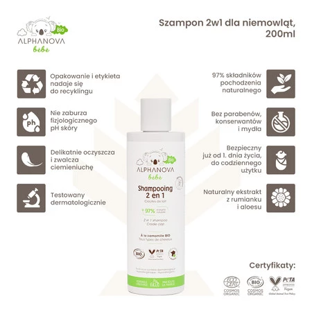 Alphanova Bebe Bio, Szampon 2 w 1 dla niemowląt, 200ml