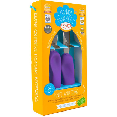 Nana's Manners, ETAP 3, Sztućce do samodzielnego jedzenia, widelec i nóż, fioletowe, 3-9 lat
