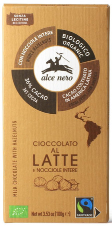 ALCE NERO CZEKOLADA MLECZNA Z ORZECHAMI LASKOWYMI FAIR TRADE BIO 100 g KRÓTKA DATA 2026-08-21