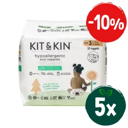 Zestaw: 5x Kit and Kin, Biodegradowalne Pieluszki Jednorazowe 3 Maxi (6-10 kg), Bear/Rabbit, 32 szt.