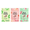 Zestaw smaków: 1x True Dates Sour Apple daktyle o smaku kwaśnego jabłka 100g, 1x True Dates Sweet Peach daktyle o smaku słodkiej brzoskwini 100g i 1x True Dates Watermelon daktyle o smaku arbuza 100g