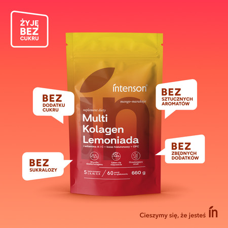 Intenson Multi Kolagen Lemoniada Witamina C, Kwas Hialuronowy o smaku mango marakuja 220g