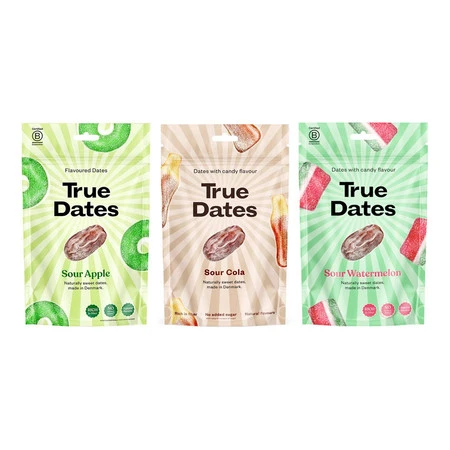 Zestaw smaków: 1x True Dates Sour Apple daktyle o smaku kwaśnego jabłka 100g, 1x True Dates Sour Cola daktyle o smaku coli 100g i 1x   True Dates Watermelon daktyle o smaku arbuza 100g