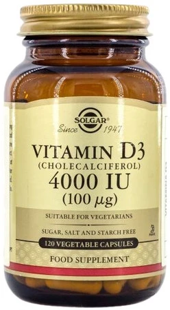 SOLGAR Witamina D3 4000 IU 100 mcg na wsparcie mięśni i kości 120 kaps.