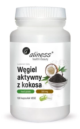 Aliness Węgiel aktywny z kokosa Food Grade 300 mg x 100 Vege caps.